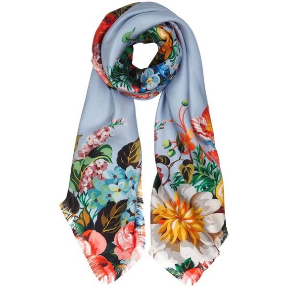 NWT Authentic Gucci Signature Floral Prints Wool Large Square Shawl Scarf Aqua - Picture 1 of 9